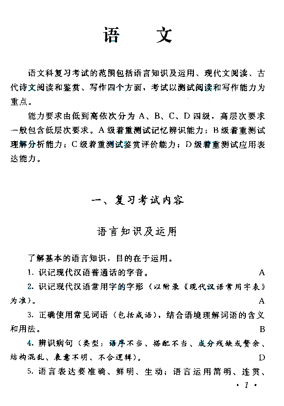 湖北成人高考高起點《語文》考試大綱